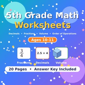5th Grade Math Worksheets | Decimals, Fractions, Volume, Order of Operations | Printable PDF