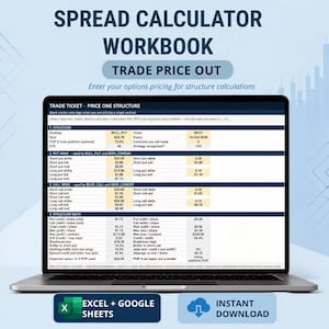 May include: A laptop screen displaying a Spread Calculator Workbook for trade price calculations. The interface includes sections for structure, put wing, call wing, and structure math with numerical data. Includes Excel and Google Sheets icons.