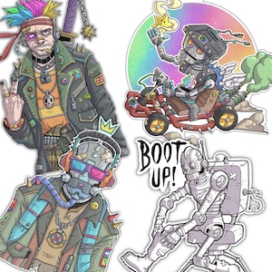 May include: A collection of four stickers featuring a punk-style character with multicolored hair, a robot driving a go-kart, a masked figure with headphones, and a black and white line-art robot with the text BOOT UP! in bold letters.