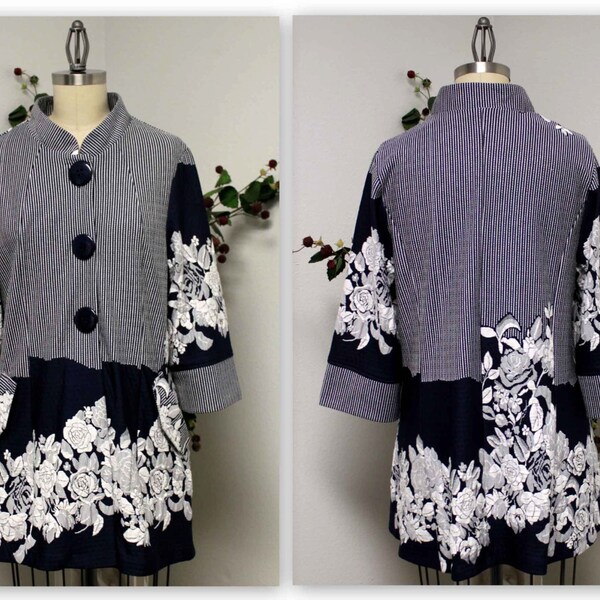 New Textured Jacquard Gorgeous, Artsy, Chic and Dressy Jacket Navy White for any season. Medium to 3XL