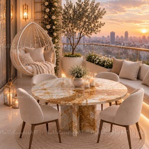 May include: A round dining table with a polished gold and white marble top and a matching cross-base, surrounded by four upholstered beige chairs on a circular woven rug, set on a balcony with a hanging egg chair and city skyline view.