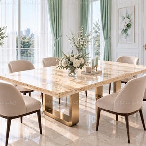 Luxury Golden Marble Dining Table, Rectangular Stone Dining Table Contemporary Travertine Dining Table,  Rectangular Travertine Tabletop,