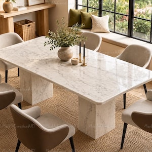 Puede incluir: Una mesa de comedor rectangular con tablero de mármol blanco y dos bases de pedestal de mármol a juego, rodeada por seis sillas tapizadas con asientos de color beige claro, respaldos marrones oscuros y patas negras sobre una alfombra.