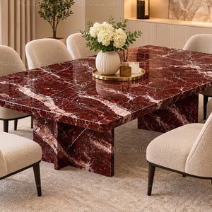 Red Marble Rectangular Dining Table, Sculptural Double Pedestal Table Modern Home Decor Marble Dining Table Statement Stone Dining Furniture