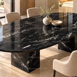 May include: An oval dining table with a polished black marble top featuring white veining, supported by a matching black marble pedestal base. The table is surrounded by six beige upholstered chairs with dark legs.