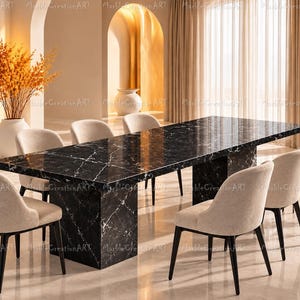 Op de afbeelding: Een rechthoekige eettafel met een zwart marmeren blad met witte aders en een bijpassende voet, omringd door zes gestoffeerde stoelen met lichtbeige stoffen zittingen en donkerhouten poten, geplaatst in een lichte binnenruimte.