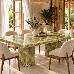Op de afbeelding: Een rechthoekige eettafel gemaakt van gepolijste groene onyxsteen met een dikke plaatvoet, omringd door zes gestoffeerde stoelen met lichtbeige stoffen zittingen en houten poten, voorzien van een decoratieve vaas en kaarsen.
