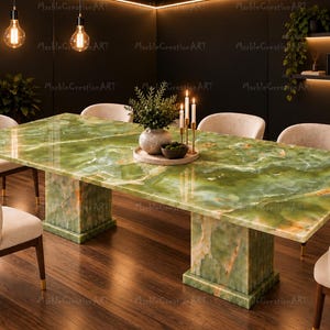 Green Marble Dining Table, Luxury Stone Dining Table, Rectangular Pedestal Table, Modern Furniture Emerald Green Marble Dining Table,