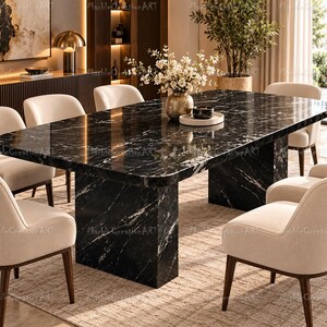 Black Marble Rectangular Dining Table, Luxury Modern Stone Dining Table, Sculptural Pedestal Base, Contemporary Dining Room Furniture