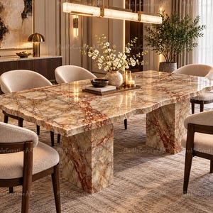 Unique Natural Marble Dining Table, Rectangular Luxury Table, Artistic Stone Veining, Modern Home Furniture Statement Marble Dining Table