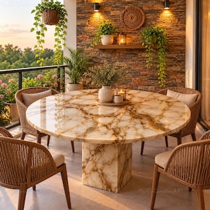 Op de afbeelding: Een ronde eettafel met een gepolijst wit en goud marmeren blad en een bijpassende vierkante voet. De tafel is omringd door vier gevlochten rieten stoelen met lichtbeige zitkussens, wat een complete eetkamerset vormt.