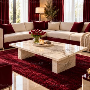 Peut inclure: Une table basse rectangulaire avec un plateau en marbre blanc veiné de gris et une base assortie. La table est surmontée d'un plateau circulaire contenant un vase en verre rempli de tulipes rouges et une petite bougie allumée.