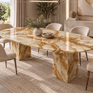 May include: An oval dining table featuring a polished, glossy surface with a swirling amber and cream marble pattern. The table is supported by two thick, rectangular pedestal bases that match the tabletop's veined, golden-brown stone finish.
