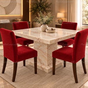 Op de afbeelding: Een vierkante eettafel met een gepolijst beige marmeren blad en een bijpassende voet, omringd door vier rode, met fluweel beklede stoelen met donkerhouten poten. Een witte keramische vaas met groen staat in het midden van de tafel.