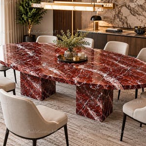 Red Marble Oval Dining Table Burgundy Stone Table, Modern Designer Furniture Natural Burgundy Marble Dining Table Oval Stone Dining Table