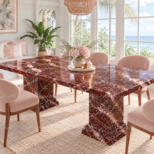 Peut inclure: Une table à manger rectangulaire dotée d'une surface en marbre rouge profond poli avec des veines blanches marquées, soutenue par deux pieds piédestaux épais en marbre assorti. La table est entourée de quatre chaises rembourrées en tissu rose clair.