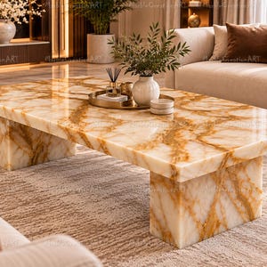 Natural Golden Onyx Coffee Table  Rectangular Stone Coffee Table Veined Marble Table Golden Onyx Coffee Table Natural Stone Center Table