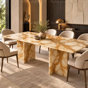 May include: A rectangular dining table featuring a polished amber and white marble top with prominent veining, supported by two thick, matching marble pedestal bases, accompanied by six upholstered chairs with dark wooden legs.