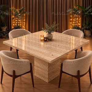 Op de afbeelding: Een vierkante eettafel met een gepolijst beige travertijn marmeren blad en een bijpassende voet, vergezeld door vier gestoffeerde stoelen met gebogen rugleuningen en donkerhouten poten, geplaatst rond de tafel op een houten vloer.