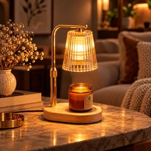 Puede incluir: Una lámpara calentadora de velas de metal dorado con una pantalla de vidrio estriado y una base de madera clara. La lámpara ilumina una pequeña vela en frasco de vidrio marrón colocada bajo la pantalla, proyectando un brillo cálido.