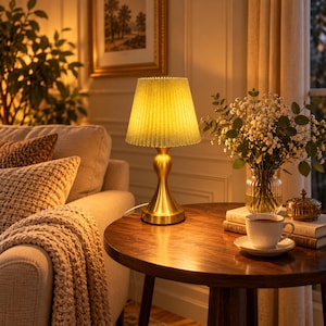 Modern Gold Table Lamp, Pleated Fabric Shade, Warm Ambient Light (30cm)