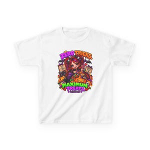 May include: A white t-shirt featuring a colorful graphic of a cartoon character with red hair, a cape, and a crown, surrounded by pumpkins and candy. The text reads ZERO TRICKS, MAXIMUM TREATS, CANDY IS MY TREASURE, and SHARING? NOPE.