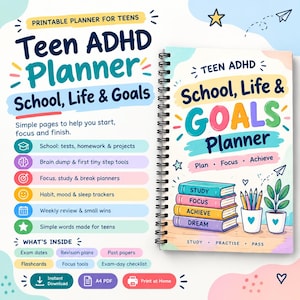 May include: A spiral-bound planner titled Teen ADHD Planner School, Life & Goals. The cover features colorful illustrations of stacked books labeled Study, Focus, Achieve, Dream, two potted plants, and pencils. Text includes Plan, Focus, Achieve.