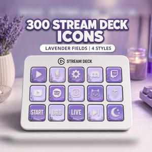 May include: A white Stream Deck device featuring 15 square buttons with purple lavender-themed icons. The screen displays text reading 300 STREAM DECK ICONS and LAVENDER FIELDS | 4 STYLES. The icons include symbols for media, social platforms, and text.