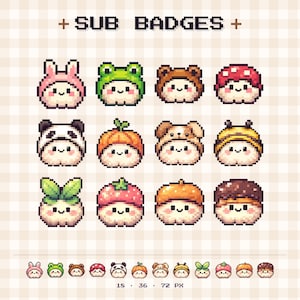 May include: A set of pixel art sub badges featuring twelve distinct characters wearing various hats including a pink bunny, green frog, brown bear, red mushroom, panda, pumpkin, dog, bee, leaf, strawberry, acorn, and chocolate.