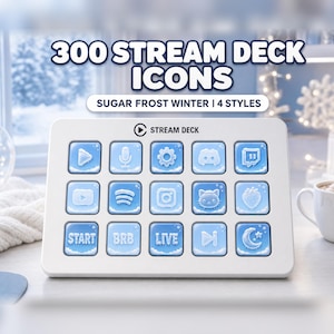 May include: A white Stream Deck device featuring 15 square buttons with a light blue, frosted winter-themed icon set. The text 300 STREAM DECK ICONS SUGAR FROST WINTER | 4 STYLES is displayed above the device in dark blue lettering.