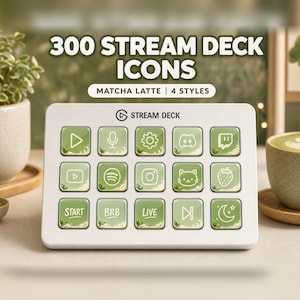 May include: A white Stream Deck device featuring fifteen square buttons with green matcha-themed icons. The text 300 STREAM DECK ICONS MATCHA LATTE 4 STYLES is displayed above the device, which includes symbols for media, social media, and text.