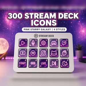 May include: A white Stream Deck device featuring fifteen square buttons with pink starry galaxy icons. The screen displays various symbols including a play button, microphone, gear, Discord logo, Twitch logo, YouTube, Spotify, Instagram, cat, strawberry, Start, BRB, Live, skip, and moon.