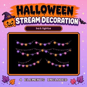 May include: Pixel art graphic featuring the text HALLOWEEN STREAM DECORATION and bat lights. The image displays four distinct strings of decorative lights with small bat-shaped bulbs in shades of purple, orange, and pink against a black background.