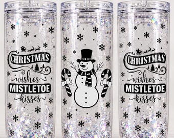 Christmas Snowglobe Cup, 16oz Tumbler with Straw, Glitter Snowman Design