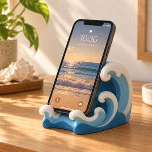 May include: A smartphone resting in a blue and white wave-shaped stand. The phone screen displays the time 10:30 and the date Sunday, November 12, with a beach wallpaper. The stand features layered blue and white sculpted ocean wave designs.