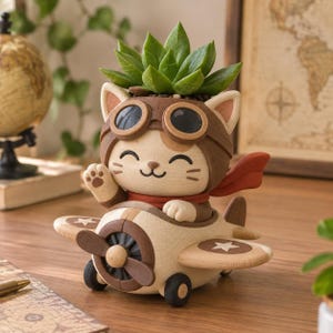 Tiny Pilot Cat 3D Printed Planter Pot, Aviator Goggles Succulent Holder, Hand Painted Travel Cat Decor for Desk and Shelves