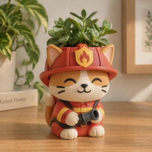 Firefighter Cat Planter Pot, Cute Hero Kitty Succulent Holder, 3D Printed and Hand Painted Desk Decor