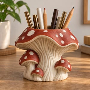 May include: A mushroom-shaped desk organizer featuring a large red cap with white spots and a cream-colored stalk base. The top of the mushroom is open, holding various pens and pencils. Smaller mushroom figures are attached to the base.