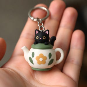 Svart katt tekanna nyckelring, handmålad 3D-tryckt teälskare väska berlock, miniatyr katt prydnadsföremål