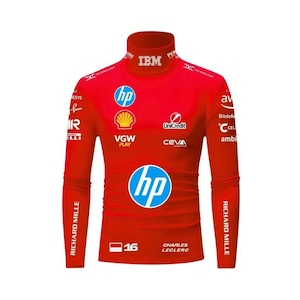 May include: A bright red long-sleeve mock neck shirt featuring various sponsor logos including HP, Shell, IBM, and Richard Mille. The front displays the number 16 and the name Charles Leclerc, along with an Indonesian flag graphic.
