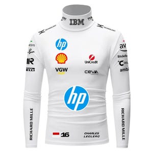 May include: A white long-sleeve mock neck shirt featuring various sponsor logos including IBM, HP, Shell, UniCredit, VGW, Ceva, and Richard Mille. The front displays the number 16, a Monaco flag, and the name Charles Leclerc in black text.
