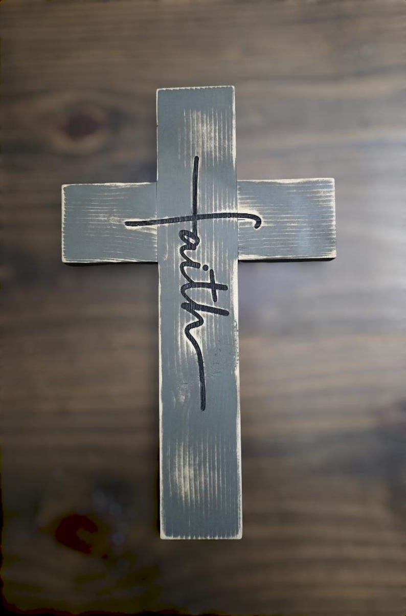 Pine Cross Laser Engraved faith Painted Gray Rustic Artistic Wood Wall