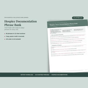 May include: A digital document titled Hospice Documentation Phrase Bank for hospice and palliative care nurses. The page features 60 phrases across 12 sections, with text indicating US Letter and A4 sizes. The layout includes dark green headers.