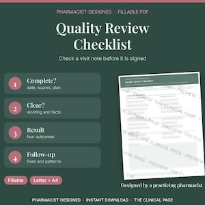 May include: A digital Quality Review Checklist document on a dark green background. The text includes Pharmacist-Designed, Fillable PDF, and Check a visit note before it is signed. Four numbered steps are listed: Complete, Clear, Result, and Follow-up.
