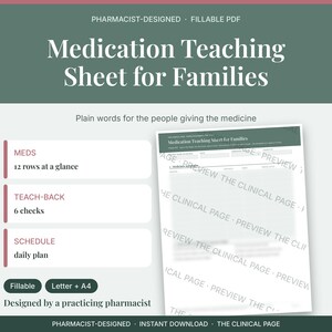 Könnte beinhalten: Ein ausfüllbares PDF-Medikationsblatt für Familien, entworfen von einem Apotheker. Das Dokument enthält Abschnitte für Medikamente mit 12 Zeilen, einen Teach-Back-Bereich mit 6 Prüfpunkten und einen täglichen Zeitplan. Verfügbar in Letter und A4.