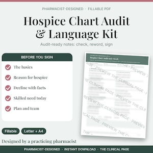May include: A Hospice Chart Audit & Language Kit fillable PDF document. The graphic features a checklist titled Before You Sign with points including The basics, Reason for hospice, Decline with facts, Skilled need today, and Plan and team.
