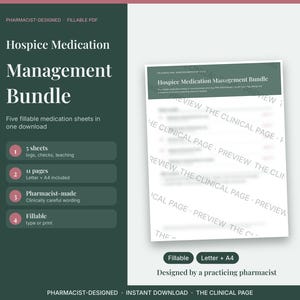 May include: A digital Hospice Medication Management Bundle featuring five fillable PDF sheets. The document includes logs, checks, and teaching pages in Letter and A4 sizes. The design is dark green with white text, including the title Hospice Medication Management Bundle.