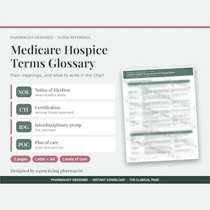 May include: A Medicare Hospice Terms Glossary document featuring a list of medical abbreviations including NOE, CTI, IDG, and POC with their definitions. The graphic includes a preview of a three-page clinical reference guide in letter and A4 sizes.