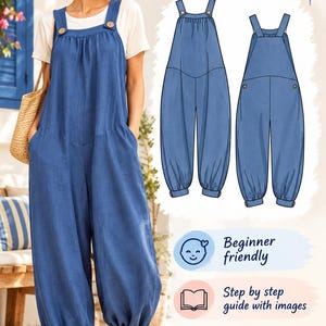 Op de afbeelding: Een naaipatroon voor een blauwe jumpsuit met een losse pasvorm, wijde pijpen, geplooide boorden en schouderbanden met knopen. De afbeelding bevat de tekst Sewing Pattern, Beginner friendly, Step by step guide with images en Instant download.