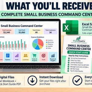 May include: A digital small business command centre displayed on a laptop screen, featuring an Excel spreadsheet dashboard with sales, expenses, and profit charts. Includes a PDF quick-start guide, two digital files, and instant download icons.